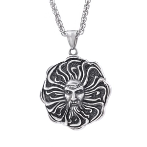 Retro stainless steel sun god relief pendant with twisted chain in silver finish