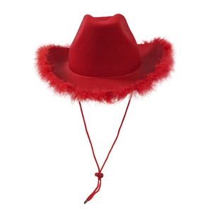 Red cowboy hat with feather trim and adjustable drawstring for party costume wear