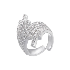 Detailed view of silver branch-like adjustable ring with sparkling micro-paved gems