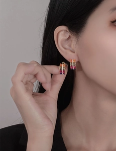 Detail of S925 silver hoop earrings with double-row colorful zircon and white diamonds