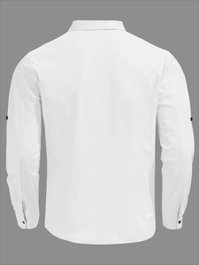 Rear view of white linen men's shirt with brown buttons and sleeve strap details