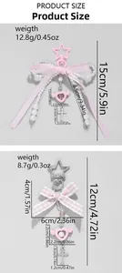Detailed product size chart for pink bow keychains with hearts and pearl charms