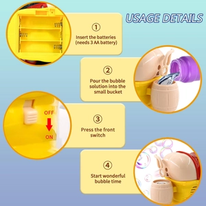 Usage details for Christmas bubble machine showing battery installation and solution setup