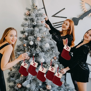 Red cable knit Christmas stockings set of 6 with FRIEND embroidery for holiday decor