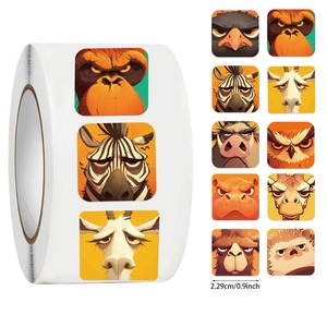 Detailed view of 10 cartoon animal stickers showing 0.9 inch square size dimensions
