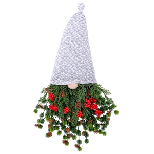 Christmas Gnome Wreath with red berries, pine cones and cedar branches for door decoration