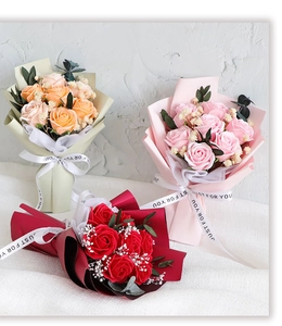 Three soap rose bouquets in orange, pink, and red with "JUST FOR YOU" ribbon detailing