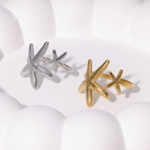 Starfish Stainless Steel Adjustable Open Ring Ocean Theme Textured Beach Jewelry For Women