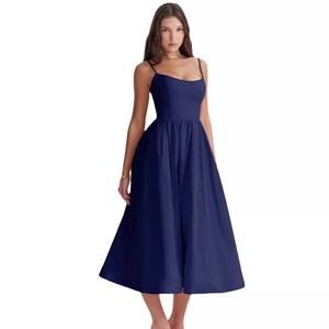Elegant navy blue backless satin midi dress with spaghetti straps and a-line silhouette