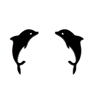 Detailed view of minimalist black dolphin-shaped stainless steel stud earrings set