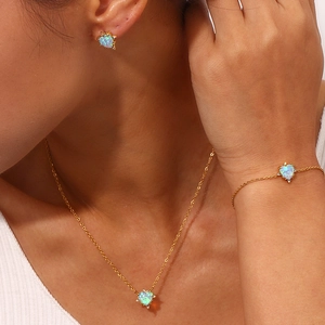 Gold-plated stainless steel jewelry set with heart-shaped blue opal necklace and earrings