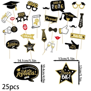 25-piece black and gold 2026 graduation photo booth props set for party decorations