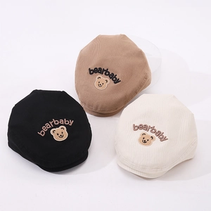 Corduroy baby beret hat with bear embroidery in black, khaki and cream white colors