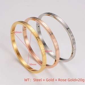 Stainless Steel Bangle Bracelets Gold Rose Gold Silver Tri-Color Grid Pattern Engraved Minimalist Fashion Jewelry