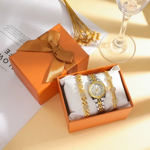 Damen Minimalistische Armbanduhr mit Kristalldial und zweifarbigem Edelstahl-Set