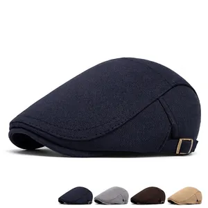 Men's navy blue breathable cotton linen flat cap with vintage metal buckle adjustment