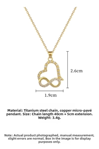 Detail view of gold infinity heart necklace with dimensions and stainless steel chain