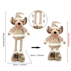 Detailed dimension view of telescopic Christmas reindeer plush toy in brown and beige tones