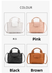 Detailed view of quilted handbag options in off-white, pink, black, and brown colors