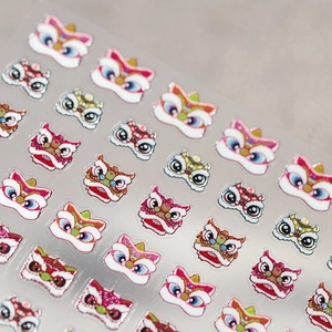 Frosted silver New Year lion dance nail art stickers with 3D texture and colorful designs