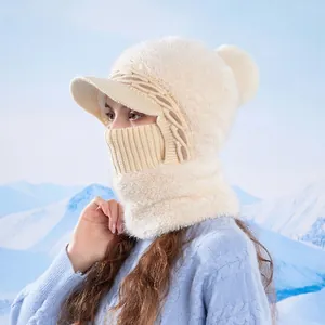 Women Winter Balaclava Hat Knitted Faux Fur Plush Lined Integrated Mask Neck Warmer Thermal Windproof Outdoor Cycling Beanie Pom Pom