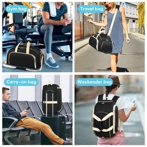 Versatile black gym bag shown in gym, travel, and airport scenes with trolley sleeve