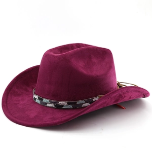 Detail of purple faux suede cowboy hat featuring colorful beaded band and ethnic accents