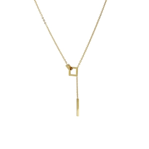 Minimalist 18k gold plated titanium necklace with interlocking squares and long bar pendant