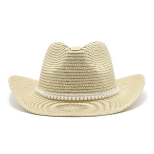 Chapeau de cow-boy en paille avec perles pour protection solaire de plage en beige