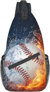 Détail du sac bandoulière à motif baseball et flammes avec poches filet et sangle