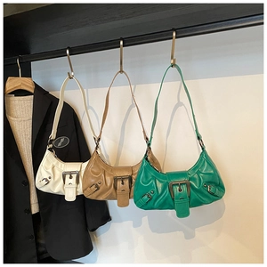 Minimalist vintage hobo bags in cream, khaki, and green colors with buckle details
