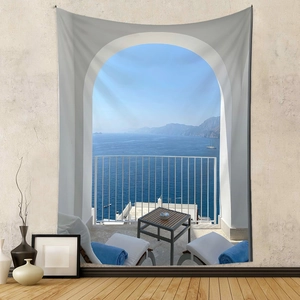 Detail view of Bohemian wall tapestry featuring Mediterranean terrace and sea landscape