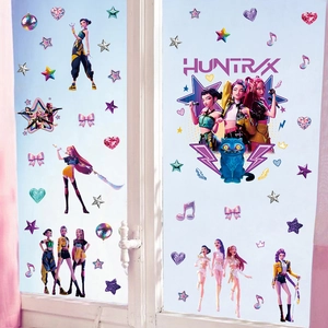 Vibrant K-pop witch girl wall stickers with 3D stars and hearts on a white window frame