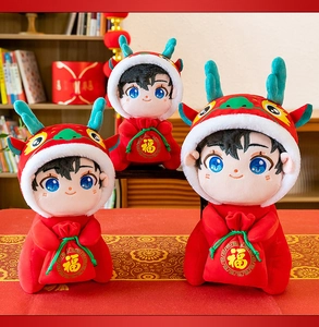 Set of three Chinese Dragon Year mascot plush toys with 'Fu' luck bags in festive home setting