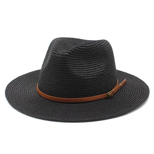Classic black straw fedora sun hat with a brown leather band and wide flat brim