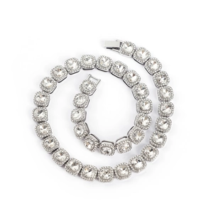 Hip hop silver alloy cuban chain necklace with square rhinestones and pavé crystal setting