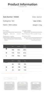 Detailed size guide and measurements chart for the two-piece cotton resort shirt and pants set