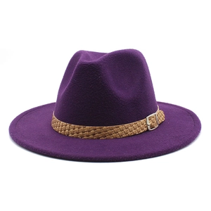 Detail of purple wool felt fedora with brown braided band and silver metal buckle accent