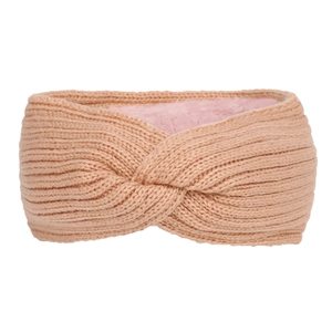 Close-up of thick fleece-lined knit headband with a crossover design in light pink-brown