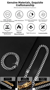 Close-up of high-polish Cuban link chain set showing waterproof titanium steel texture