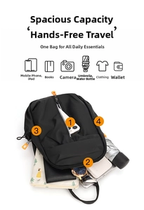 Detail view of the black crossbody bag showing four spacious storage compartments