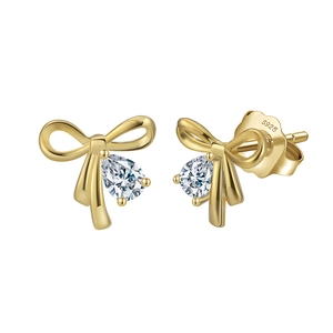 Elegant S925 silver 14K gold plated bow earrings with sparkling teardrop zircon