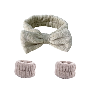 Three-piece beige coral fleece headband and wristbands set for face washing