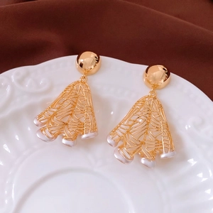 18K gold plated pearl earrings with geometric fan hollow mesh texture design