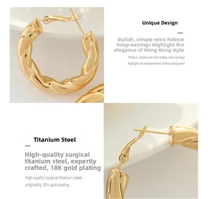 Detailed macro view of twisted rope design gold earrings with 18k gold plating finish