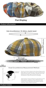 Guide des tailles détaillé pour casquette gavroche à carreaux, tour de tête 55-60cm en coton