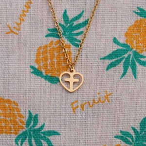 Golden heart necklace with cross pendant on O-chain for women Valentine gift