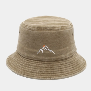 Classic washed cotton bucket hat featuring mountain and sunset embroidery in khaki