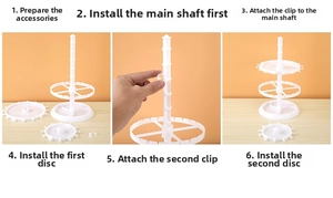 Detailed step-by-step assembly guide for rotating white plastic jewelry display stand
