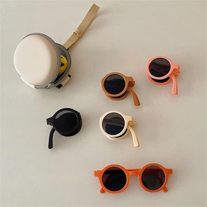 Foldable kids round sunglasses in macaron colors with portable zipper storage case